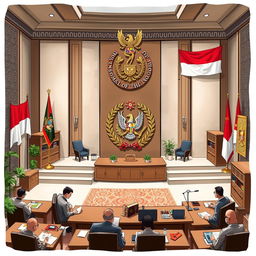 A detailed illustration of the Ombudsman of the Republic of Indonesia, showcasing the official emblem and office setting