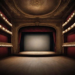 A vast, aesthetically detailed and well-lit theatrical stage seen from a one-point perspective, evoking depth and grandeur.