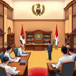 A detailed illustration of the Ombudsman of the Republic of Indonesia, showcasing the official emblem and office setting