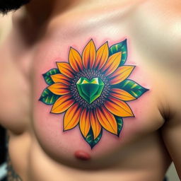 A vibrant and colorful tattoo on the left pec of a man's chest, featuring a sunflower with an emerald stone as its center