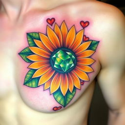 A vibrant and colorful tattoo on the left pec of a man's chest, featuring a sunflower with an emerald stone as its center