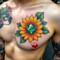 A vibrant and colorful tattoo on the left pec of a man's chest, featuring a sunflower with an emerald stone as its center