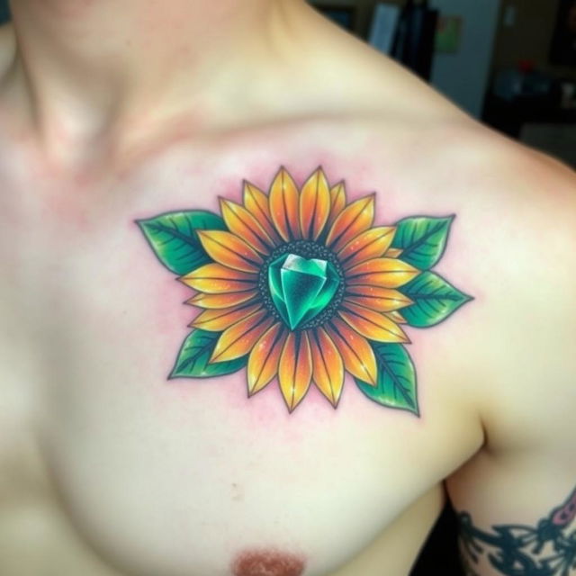 A vibrant and colorful tattoo on the left pec of a man's chest, featuring a sunflower with an emerald stone as its center