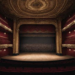 A vast, aesthetically detailed and well-lit theatrical stage seen from a one-point perspective, evoking depth and grandeur.