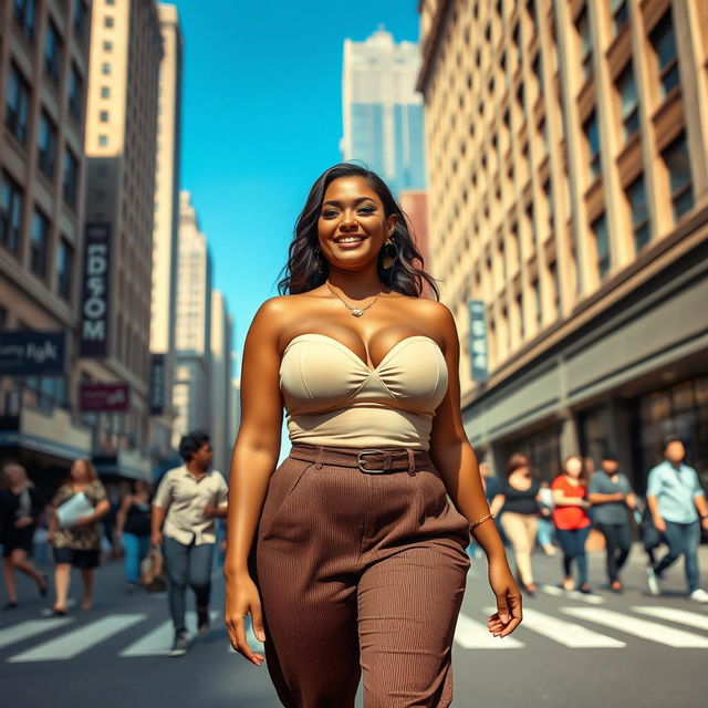 A curvaceous woman with an ample bust walking confidently through a bustling city street