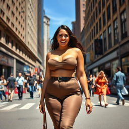 A curvaceous woman with an ample bust walking confidently through a bustling city street