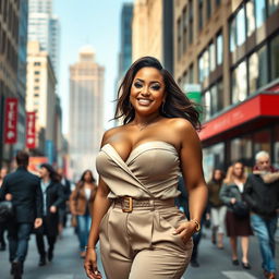 A curvaceous woman with an ample bust walking confidently through a bustling city street