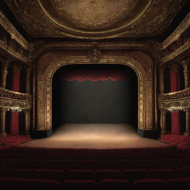 A vast, aesthetically detailed and well-lit theatrical stage seen from a one-point perspective, evoking depth and grandeur.