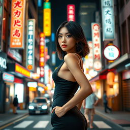 Japanese woman in a stylish, form-fitting outfit blending with an urban setting, showcasing an air of confidence and allure