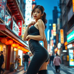 Japanese woman in a stylish, form-fitting outfit blending with an urban setting, showcasing an air of confidence and allure