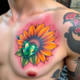 A vibrant and colorful tattoo on the left pec of a man's chest, featuring a sunflower with an emerald stone as its center