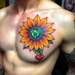 A vibrant and colorful tattoo on the left pec of a man's chest, featuring a sunflower with an emerald stone as its center