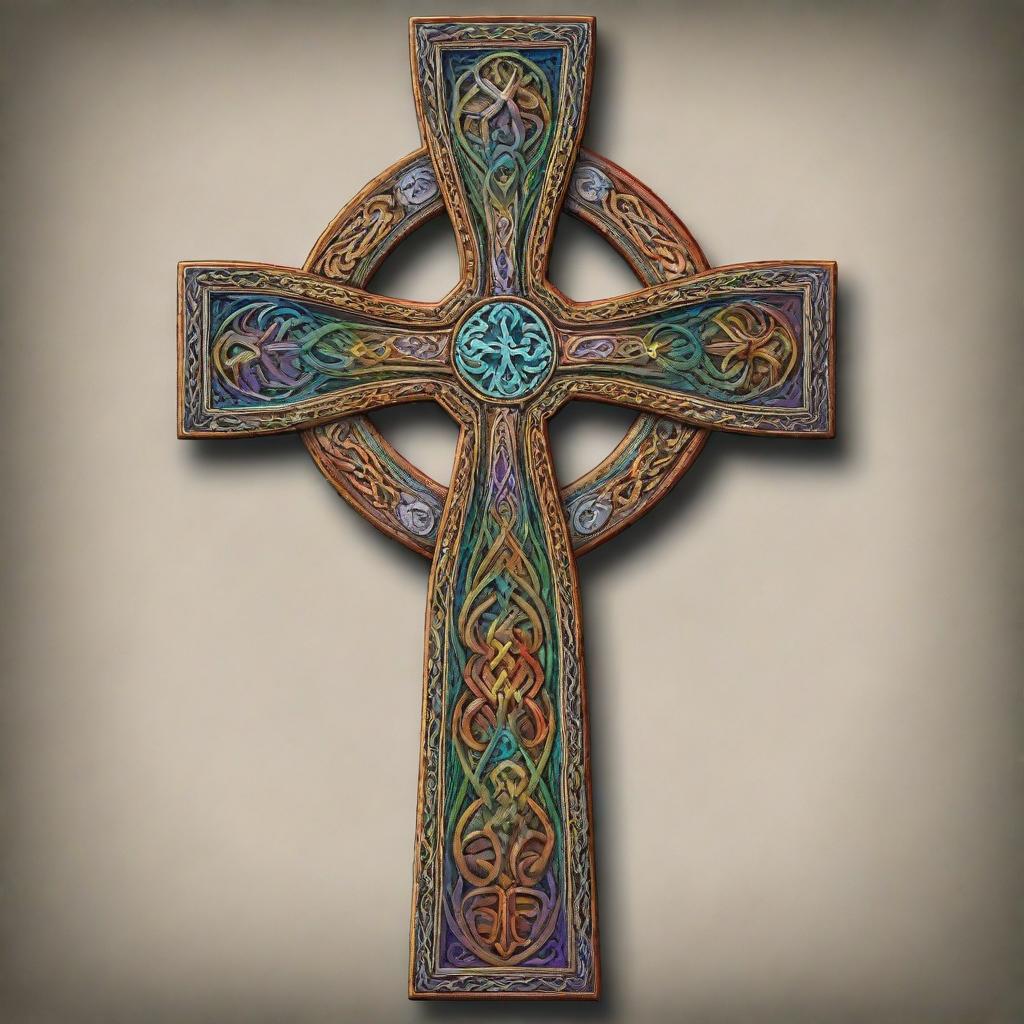 A vividly colored Celtic Christian cross adorned with intricate patterns and designs.