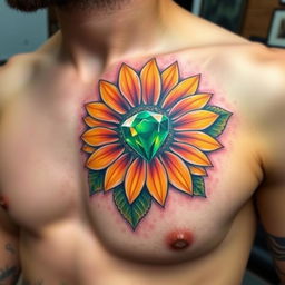 A vibrant and colorful tattoo on the left pec of a man's chest, featuring a sunflower with an emerald stone as its center