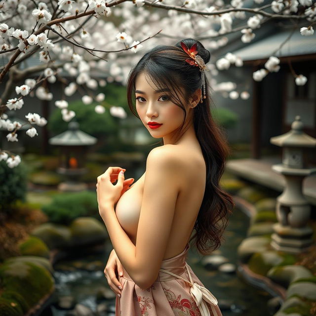 Japanese woman with an elegant and alluring pose, gracefully embracing her natural beauty in a private, serene Japanese garden setting