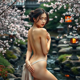 Japanese woman with an elegant and alluring pose, gracefully embracing her natural beauty in a private, serene Japanese garden setting