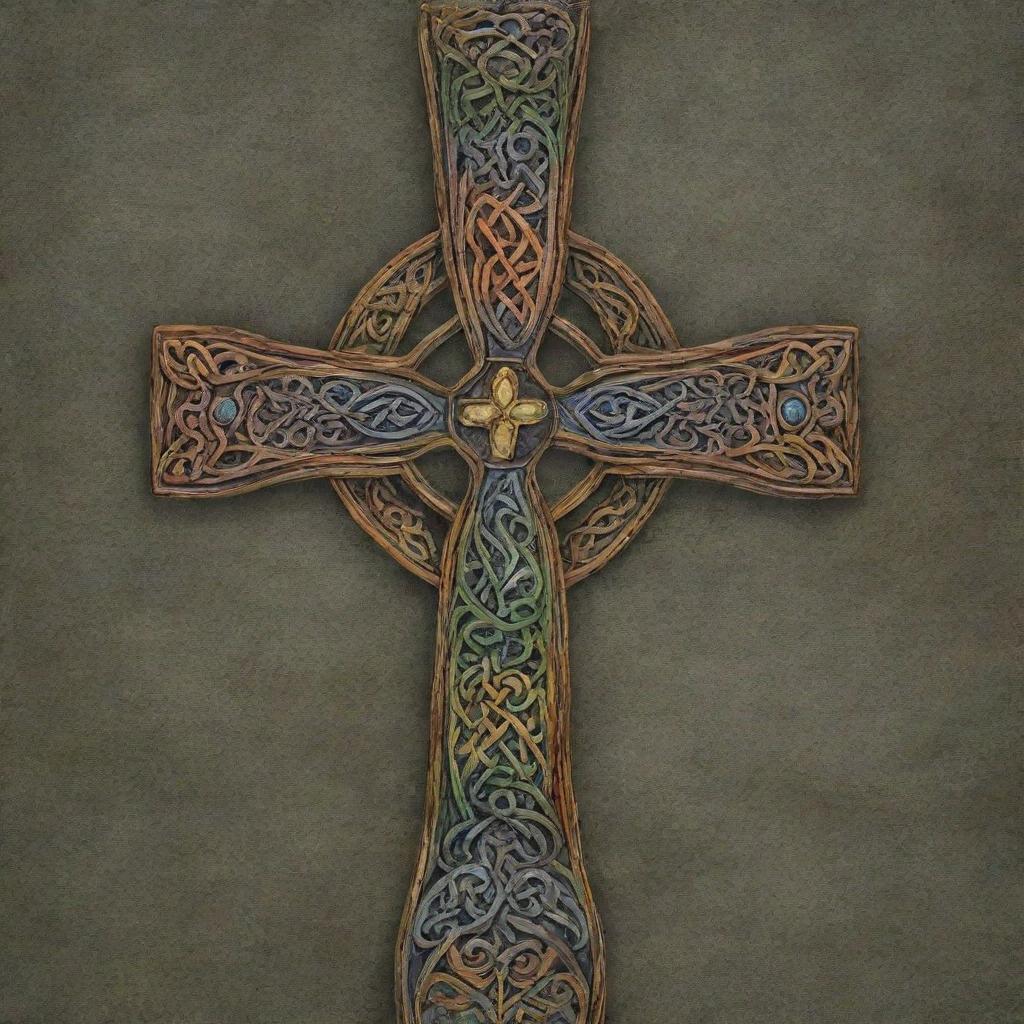 A vividly colored Celtic Christian cross adorned with intricate patterns and designs.