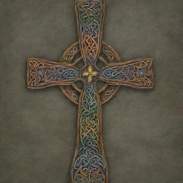 A vividly colored Celtic Christian cross adorned with intricate patterns and designs.