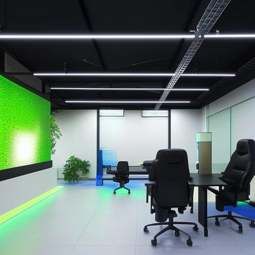 A futuristic office design in a 2500 sq ft area featuring a 20ft by 30ft video studio, tailored seating zones for the IT and sales departments, accommodating space for a total of 40 employees.