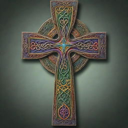 A vividly colored Celtic Christian cross adorned with intricate patterns and designs.