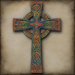 A vividly colored Celtic Christian cross adorned with intricate patterns and designs.