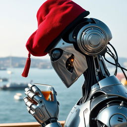 A very advanced and extremely high-tech Artificial Intelligence robot drinking tea while facing the Bosphorus, wearing a fez