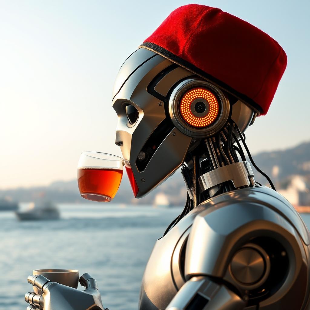 A very advanced and extremely high-tech Artificial Intelligence robot drinking tea while facing the Bosphorus, wearing a fez