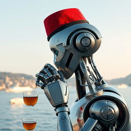 A very advanced and extremely high-tech Artificial Intelligence robot drinking tea while facing the Bosphorus, wearing a fez