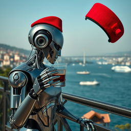 A very advanced and extremely high-tech Artificial Intelligence robot drinking tea while facing the Bosphorus, wearing a fez