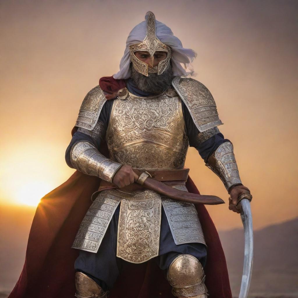 A mighty Persian warrior in full battle armor, wielding a scimitar, ready for battle against a dramatic sunset backdrop.