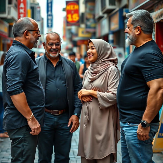 A mature Muslim woman confidently flirting with muscular older men on a lively street