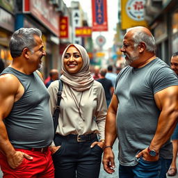 A mature Muslim woman confidently flirting with muscular older men on a lively street