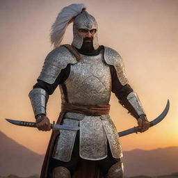 A mighty Persian warrior in full battle armor, wielding a scimitar, ready for battle against a dramatic sunset backdrop.