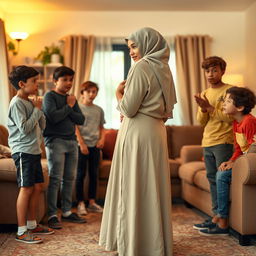 A shy Muslim woman wearing a long skirt in a living room setting, engaging with a group of surprised teenage boys