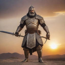 A mighty Persian warrior in full battle armor, wielding a scimitar, ready for battle against a dramatic sunset backdrop.