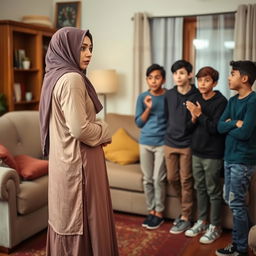 A shy Muslim woman wearing a long skirt in a living room setting, engaging with a group of surprised teenage boys