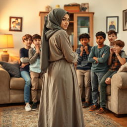 A shy Muslim woman wearing a long skirt in a living room setting, engaging with a group of surprised teenage boys