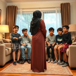 A shy Muslim woman wearing a long skirt in a living room setting, engaging with a group of surprised teenage boys