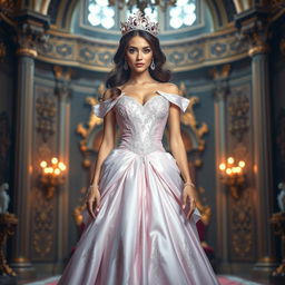 Captivating and alluring princess with an aura of confidence, adorned in a luxurious, royal gown that accentuates her flawless figure