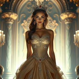 Captivating and alluring princess with an aura of confidence, adorned in a luxurious, royal gown that accentuates her flawless figure