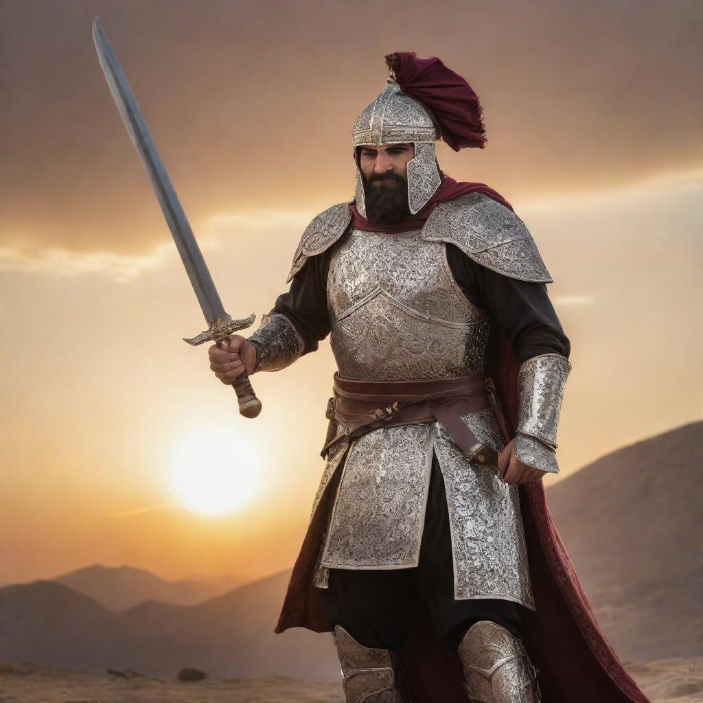 A mighty Persian warrior in full battle armor, wielding a scimitar, ready for battle against a dramatic sunset backdrop.