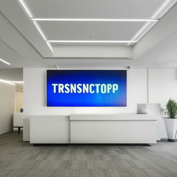 An office space featuring a receptionist desk facing the entrance, a painting adorning the wall above it, and a right wall panelled with a large, backlit Transcorp logo. Accompanied by three single arm chairs.