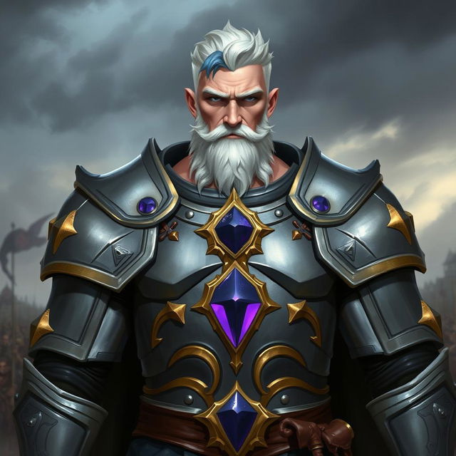 A robust male Aasimar with light pink skin, his short white hair featuring striking blue tips