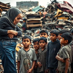 An elderly Muslim woman with an expression of frustration, wearing jeans and a hijab, interacting with a group of young boys in a scrapyard