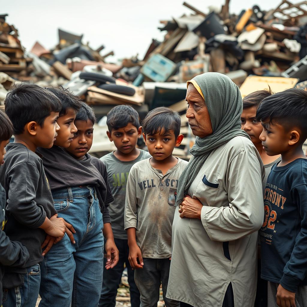 An elderly Muslim woman with an expression of frustration, wearing jeans and a hijab, interacting with a group of young boys in a scrapyard