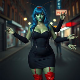 A surreal depiction of a woman with no mouth, featuring striking emerald green skin and captivating sapphire blue hair