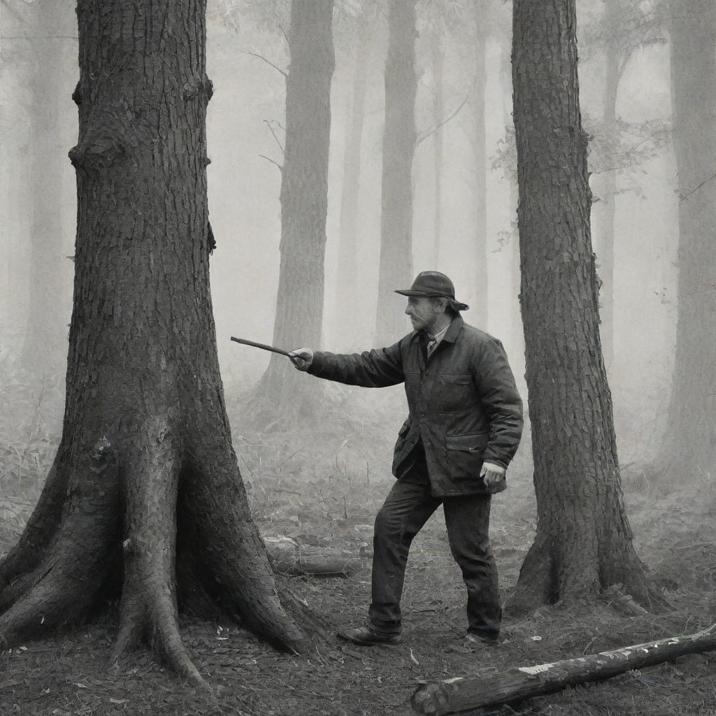 Ilustración detallada ambientada en un bosque, representando la historia del aserrador, con un hombre robusto cortando madera con un aserruche de dos manos.