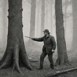 Ilustración detallada ambientada en un bosque, representando la historia del aserrador, con un hombre robusto cortando madera con un aserruche de dos manos.