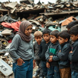 An elderly Muslim woman with an expression of frustration, wearing jeans and a hijab, interacting with a group of young boys in a scrapyard