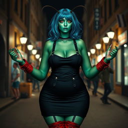 A surreal depiction of a woman with no mouth, featuring striking emerald green skin and captivating sapphire blue hair